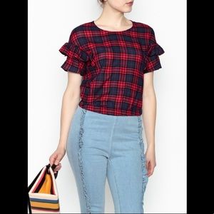 Lush Plaid Ruffle Sleeve Cropped Top